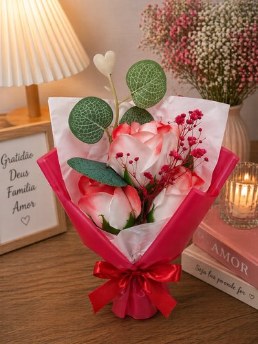 Buquê Decorativo Com Rosa Artificial 24cm - Vermelha